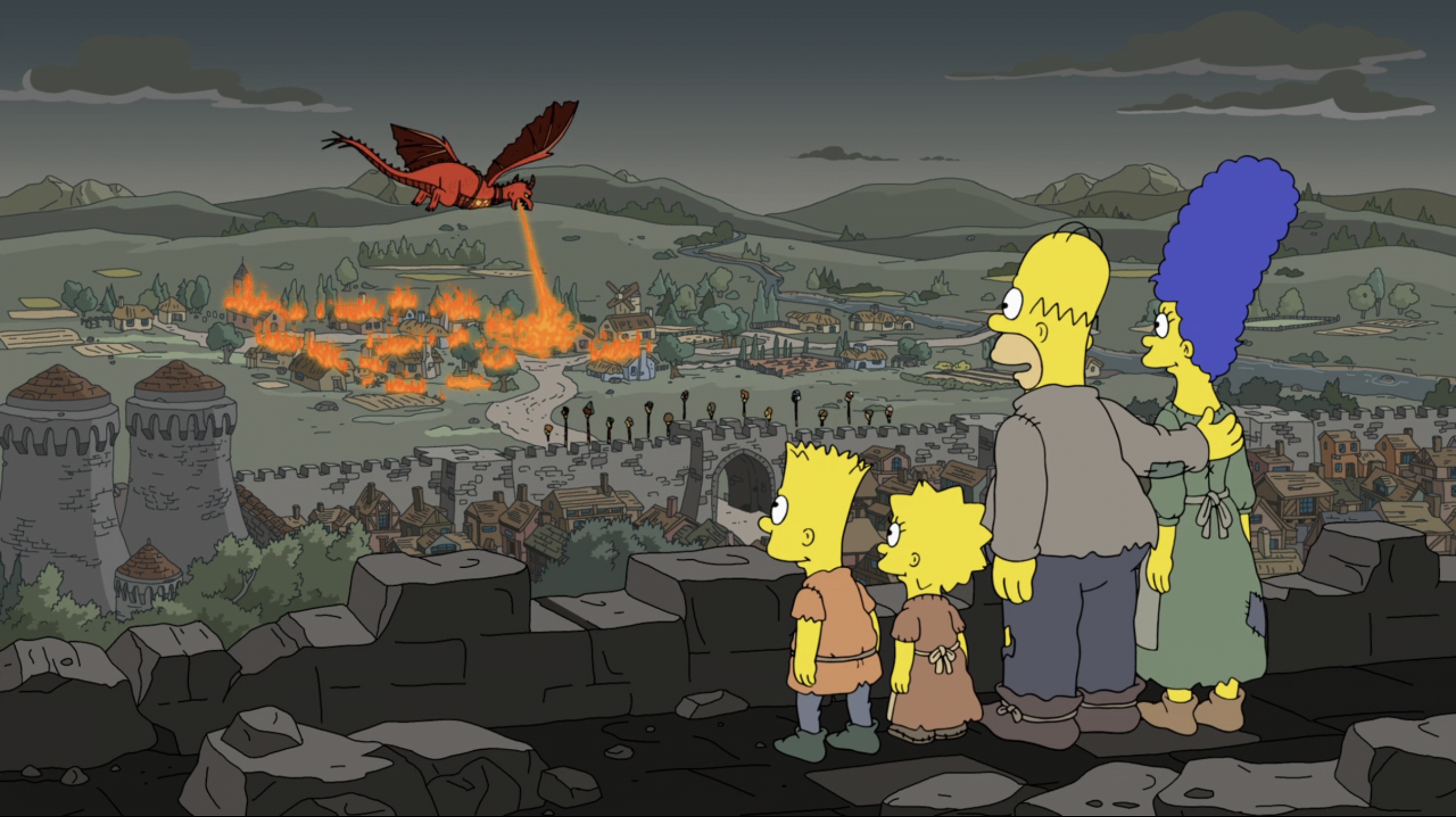 Los Simpson viendo a un dragón quemar Springfieldia en "Los Simpson".